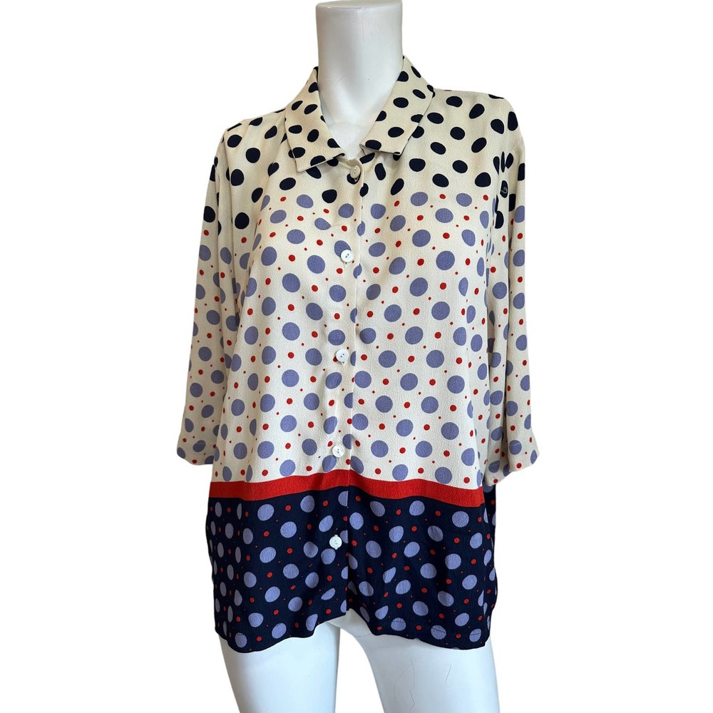 nice things by Paloma S. Cream Blue Red Polka Dot Collared Shirt sz 42=10 NWOT